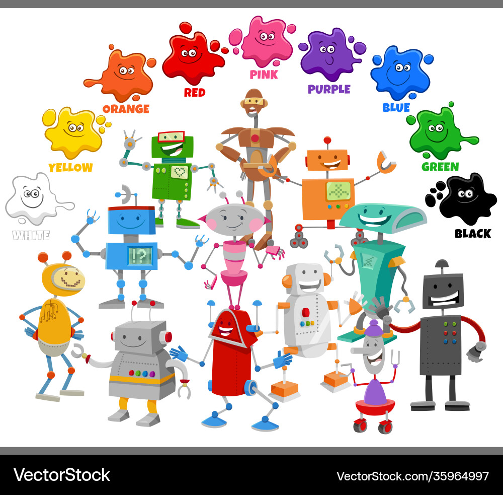 Basic colors for children with robot characters Basic colors for children with robot characters vector image