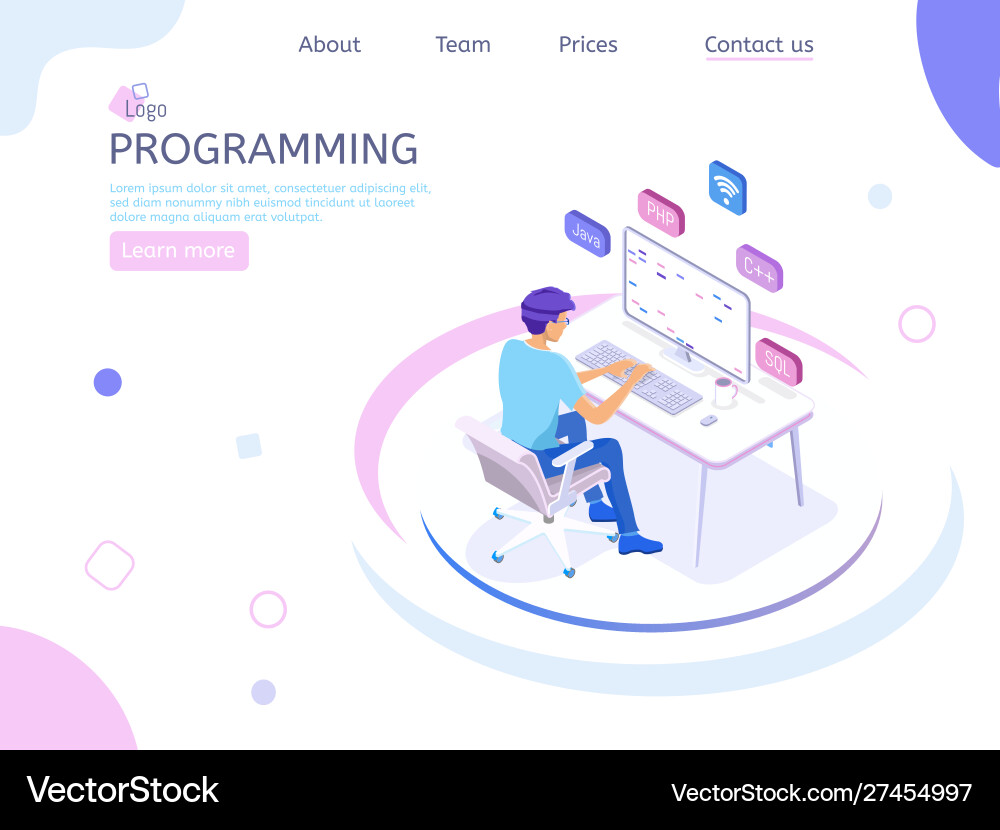 Isometric Programmer Coding at Desk vector image