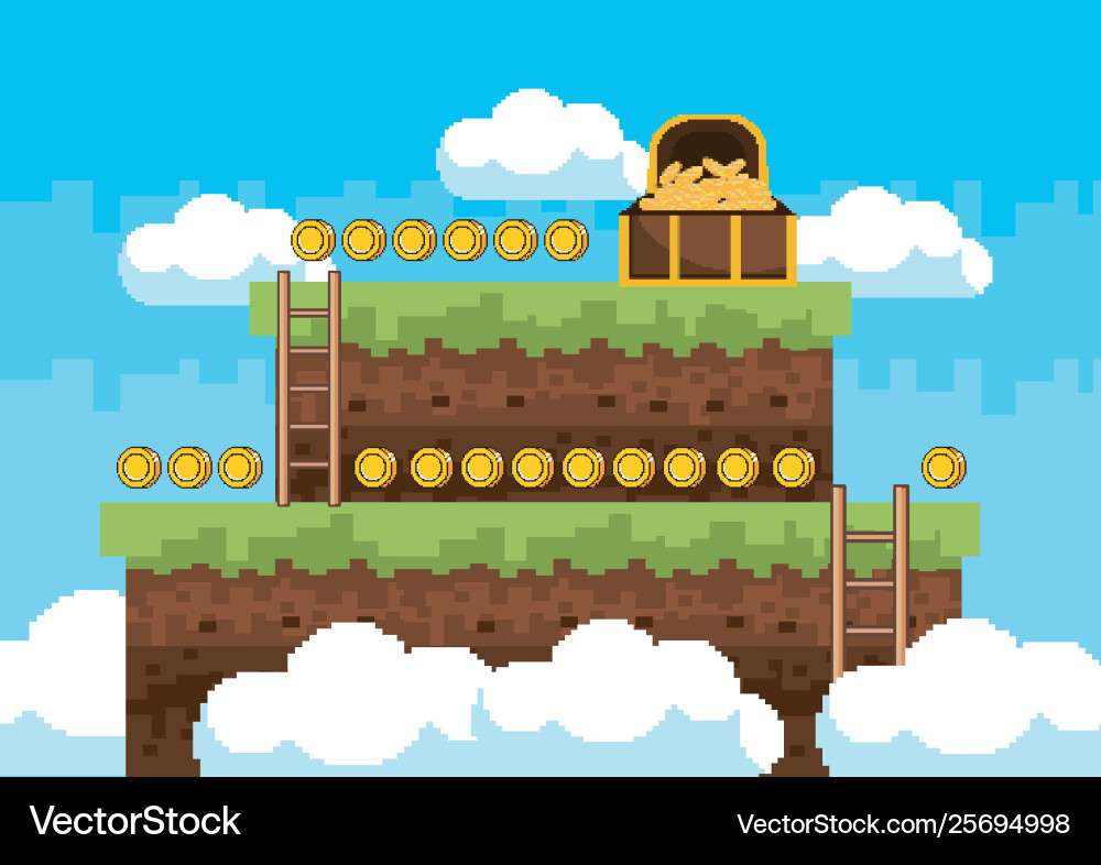 Arcade game world and pixel scene design Vector Image