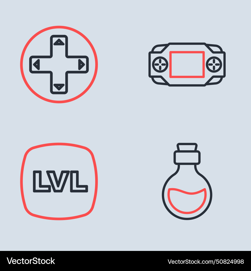 Set line portable video game console level bottle Vector Image
