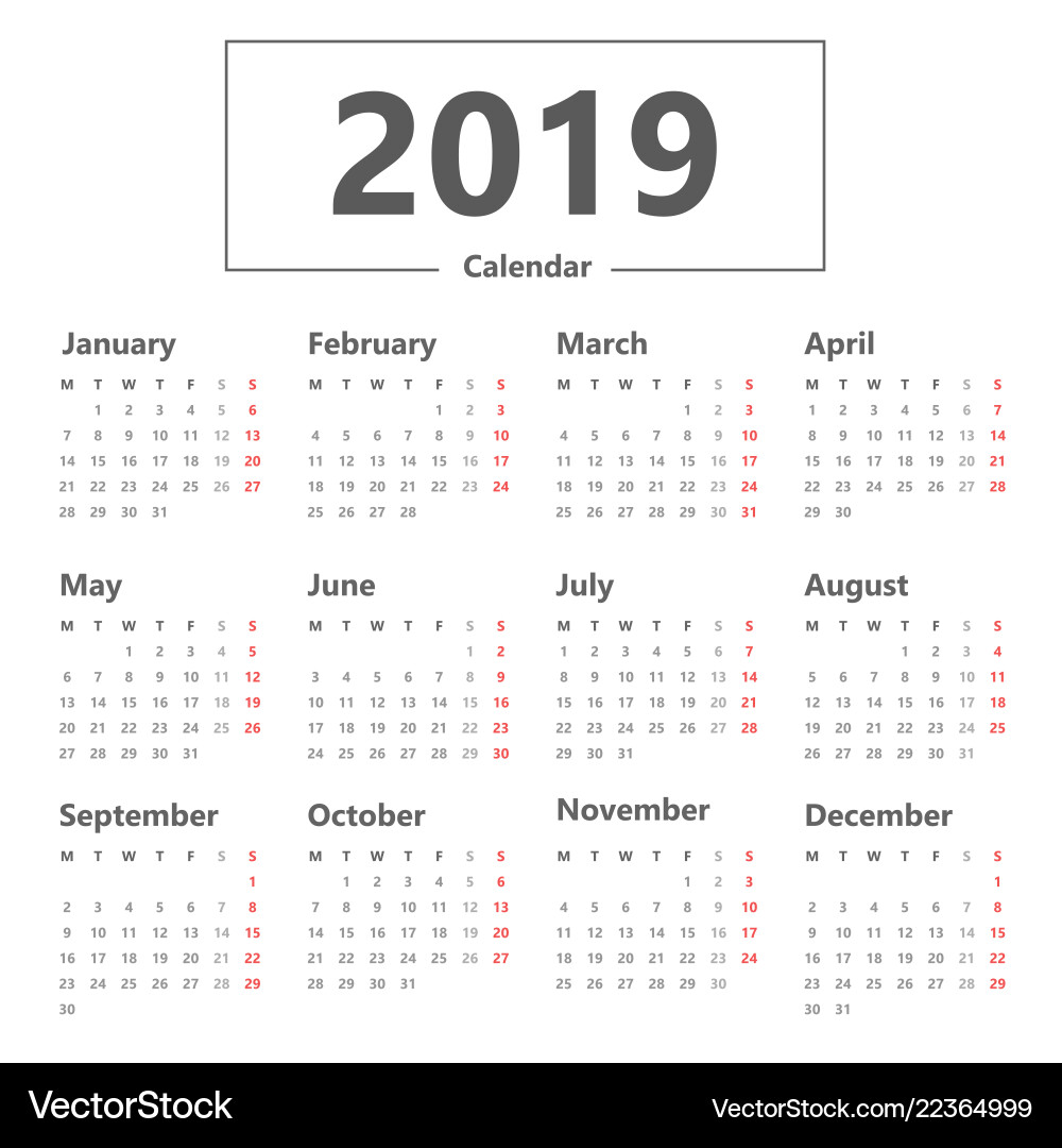 Clean 2019 Calendar - Simple Style Vector Image