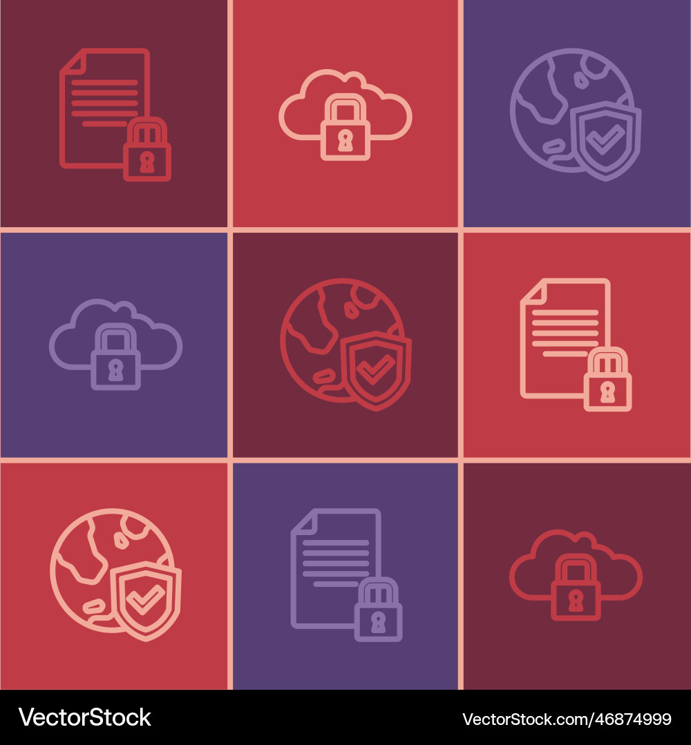 Set line document and lock shield with world Set line document and lock shield with world vector image