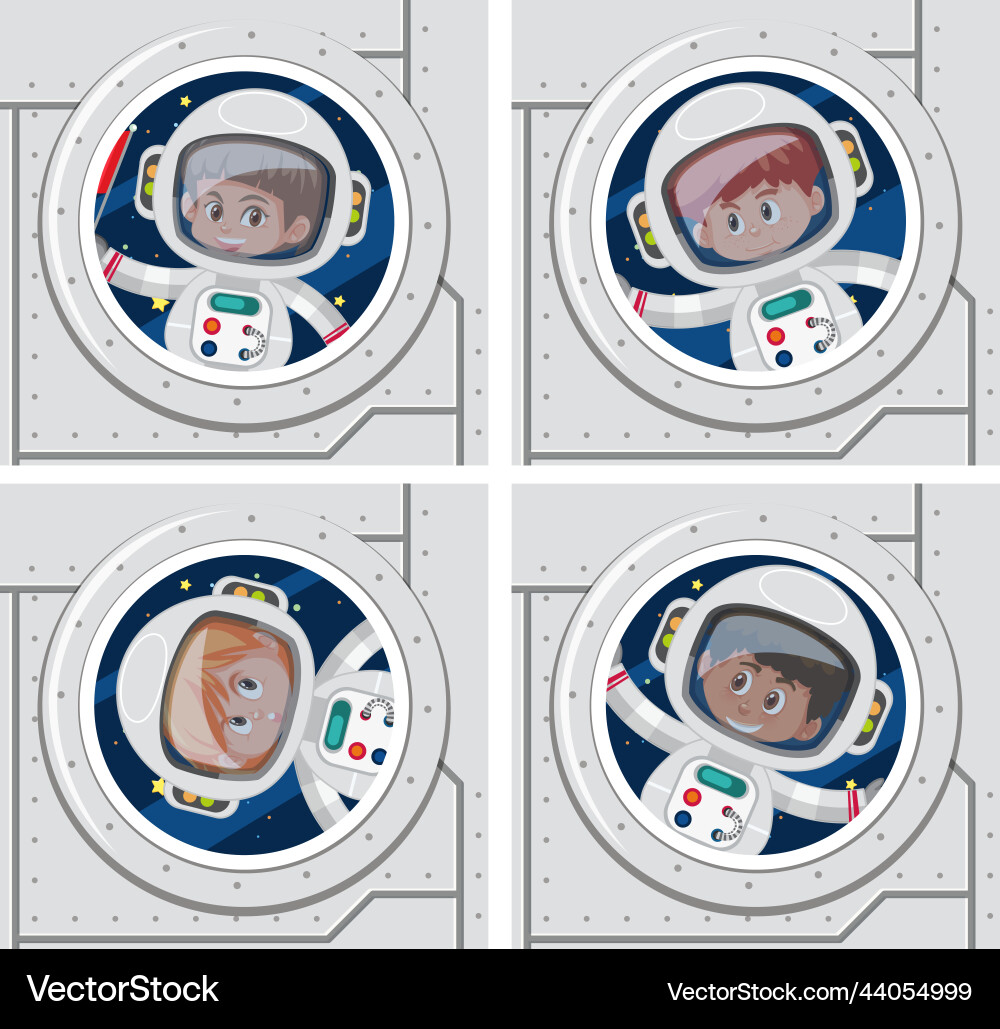 Set of different astronauts at spaceship windows Set of different astronauts at spaceship windows vector image