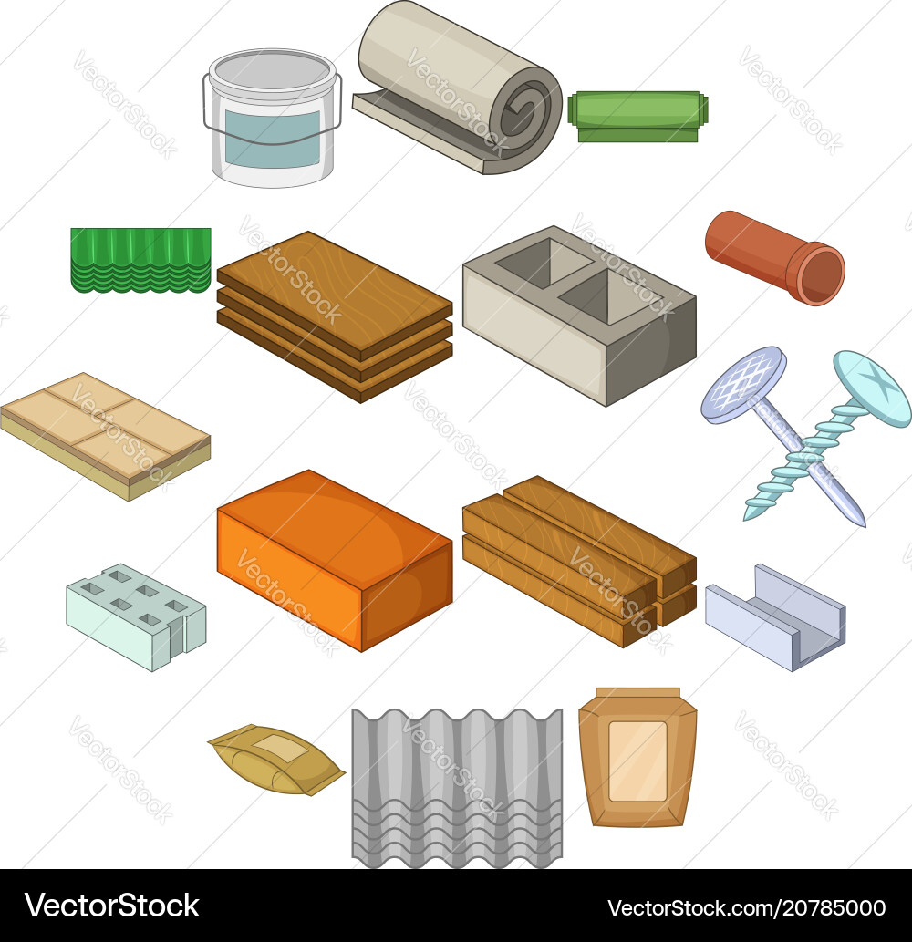 Building material icons set cartoon style Building material icons set cartoon style vector image