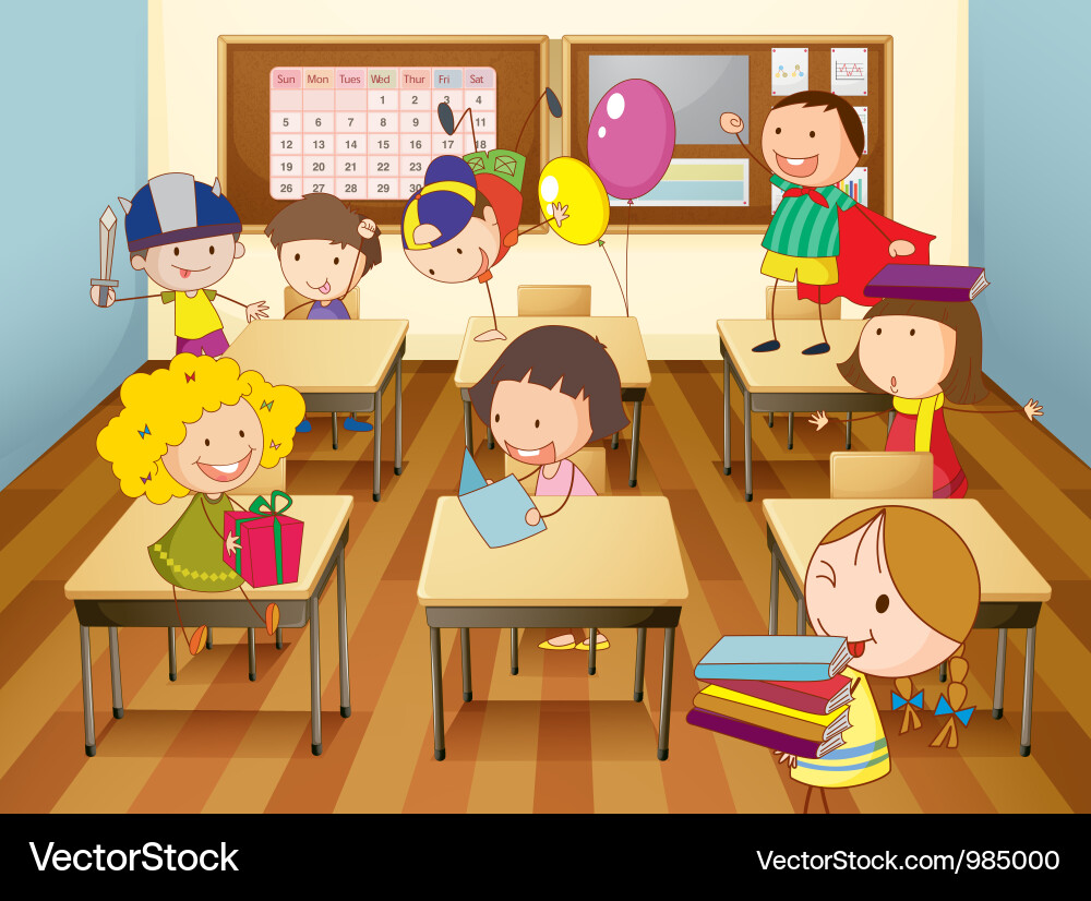 Children Studying in Classroom Vector Image