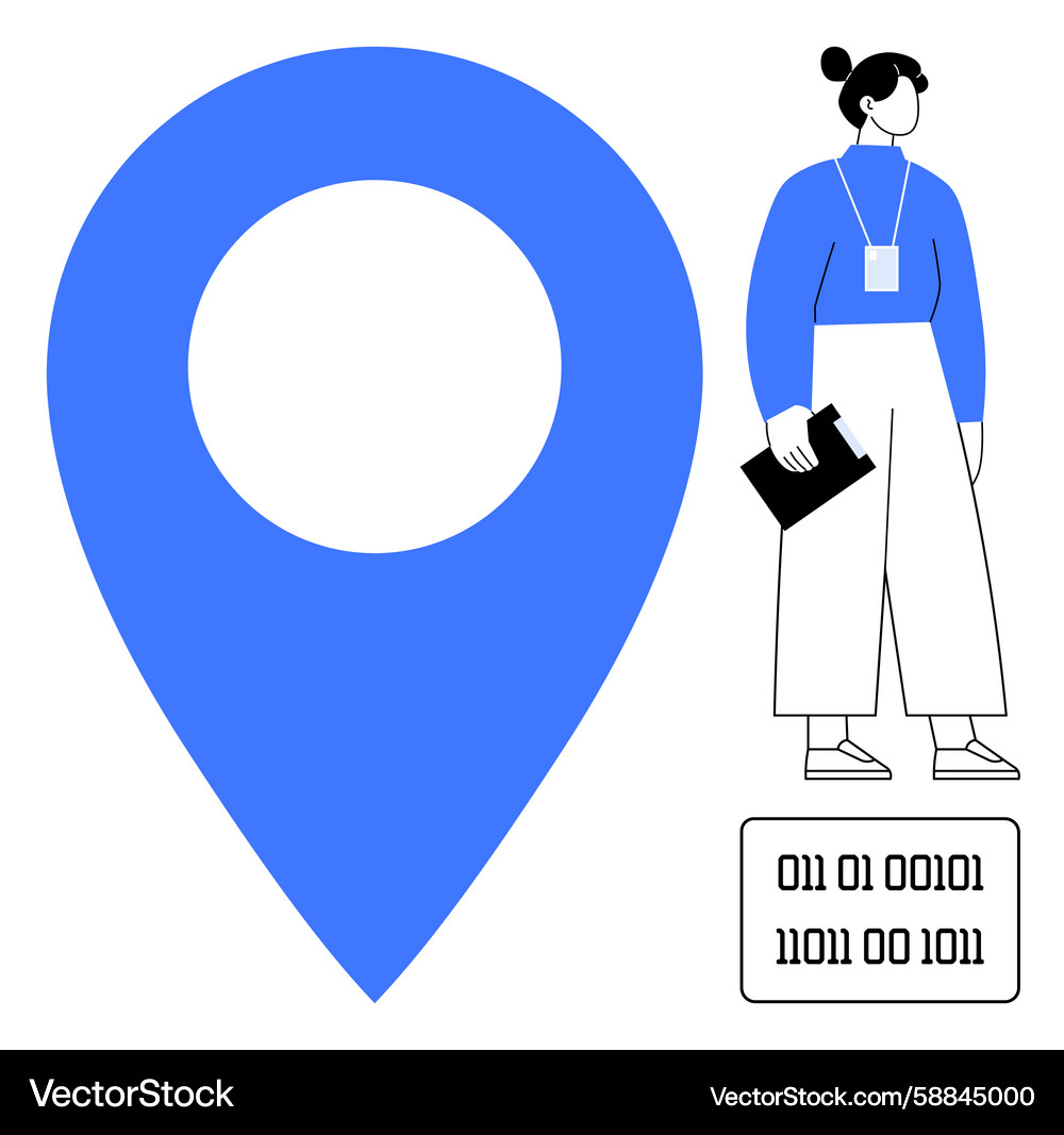 Woman with clipboard next to large map pointer Vector Image