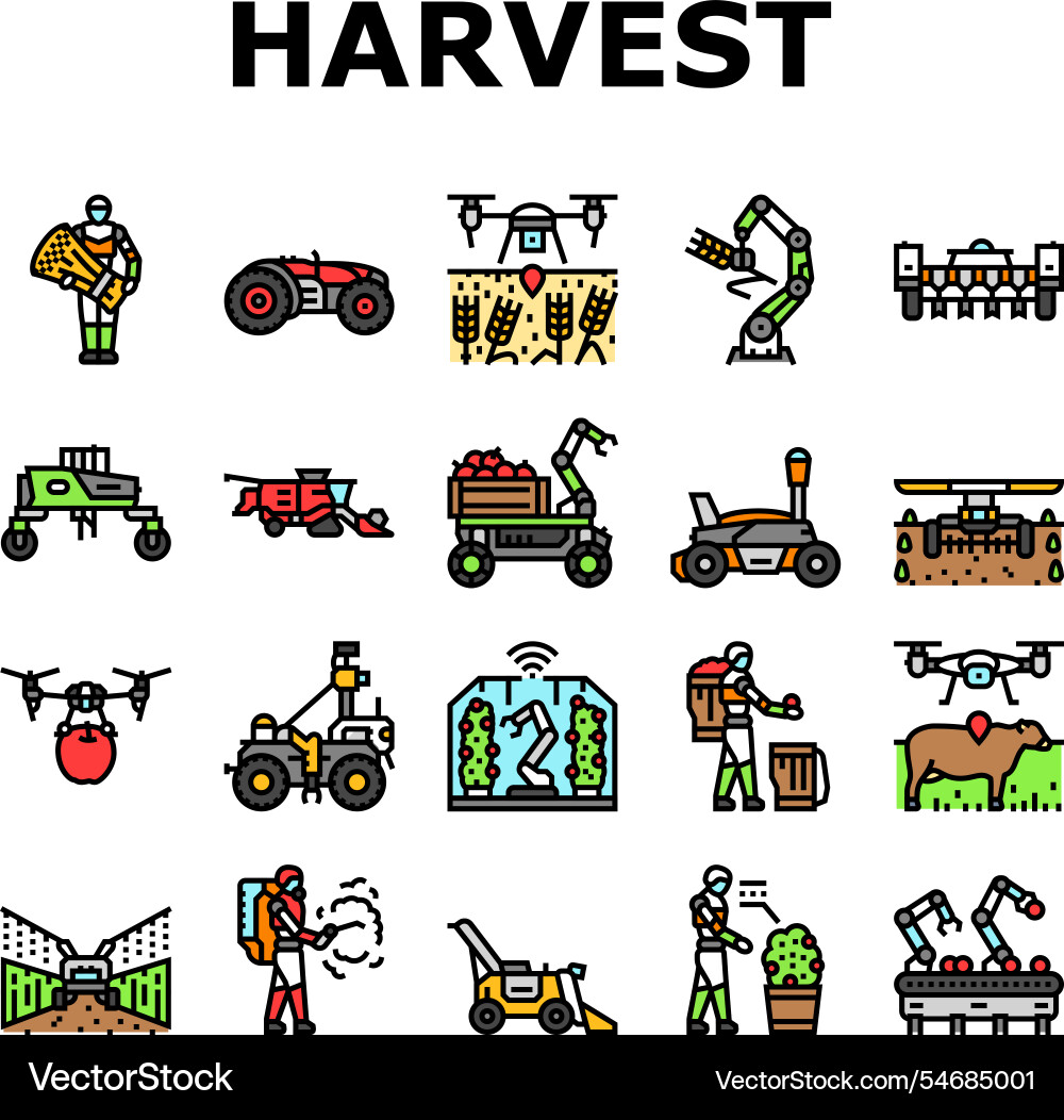 Robot harvests automation icons set vector image