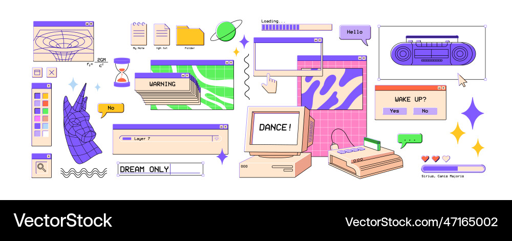 90s interface elements ui in retro vaporwave 90s interface elements ui in retro vaporwave vector image