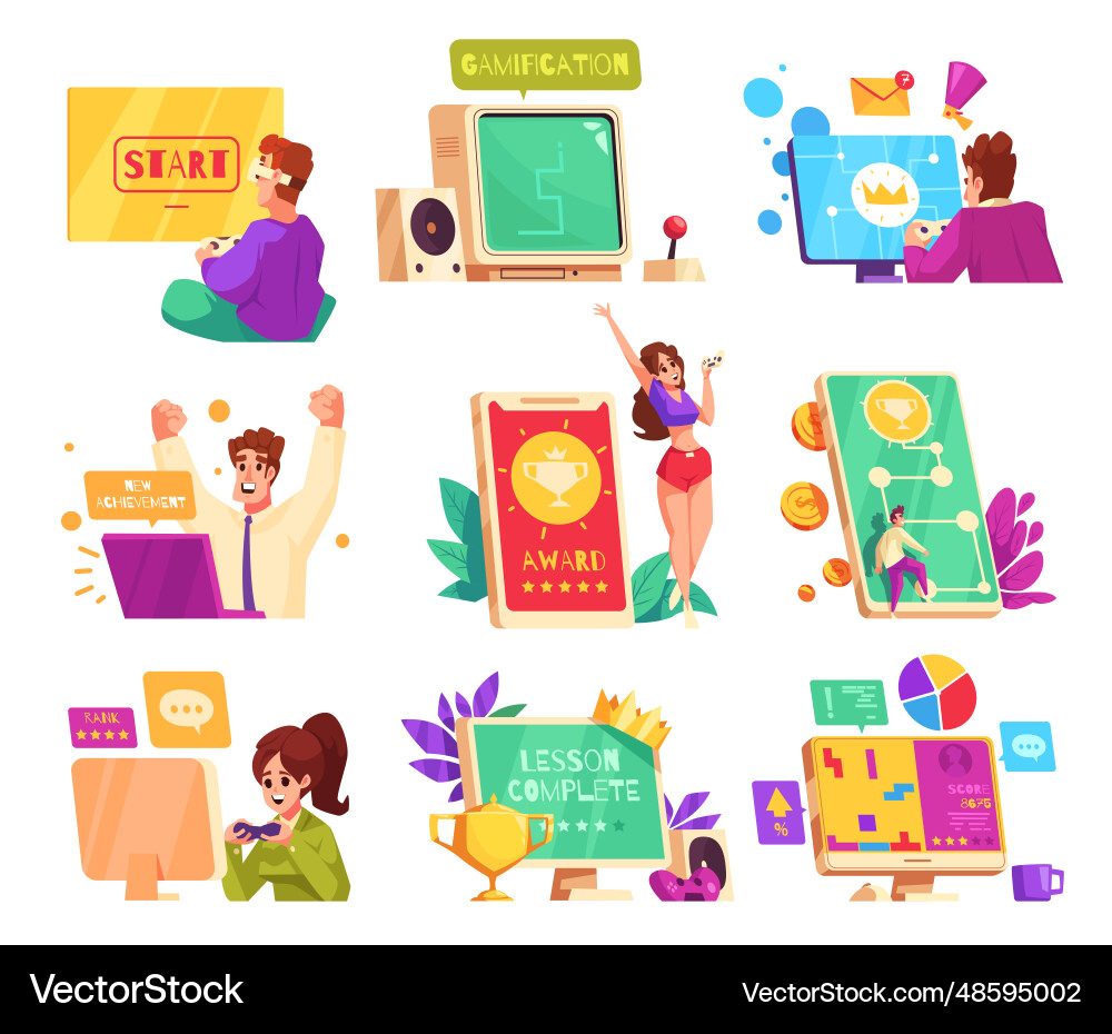 Gamification cartoon set Royalty Free Vector Image