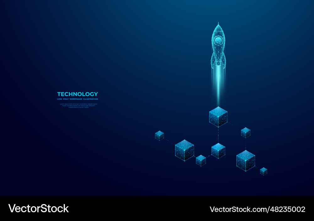Rocket launch over linked blocks on blue Rocket launch over linked blocks on blue vector image
