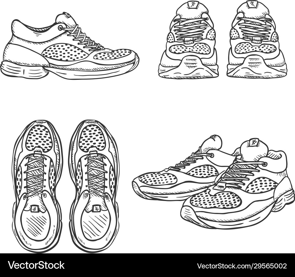 Set sketch running shoes top side and front vector image