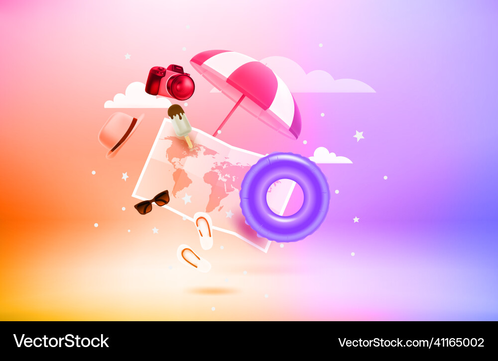 Summer travel concept 3d objects with levitation Vector Image
