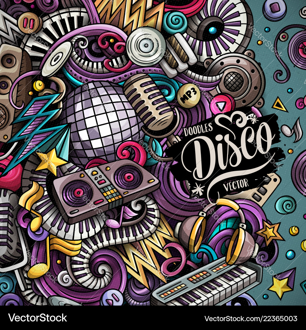 Cartoon doodles disco music frame Cartoon doodles disco music frame vector image