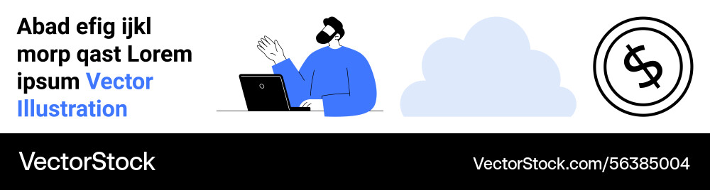 Man gesturing while working on laptop with cloud Man gesturing while working on laptop with cloud vector image