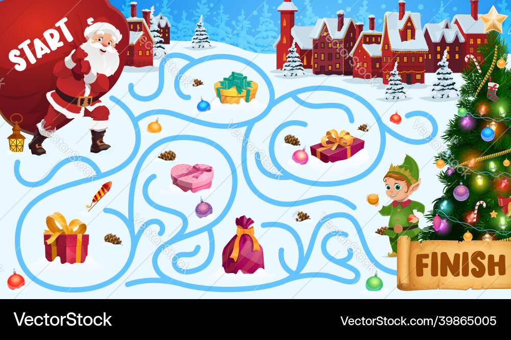 Christmas maze labyrinth game with santa and elf