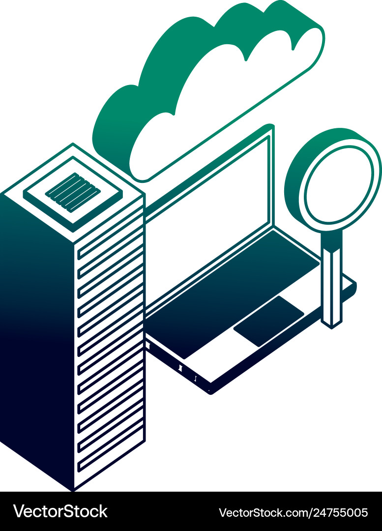 Cloud computing laptop magnifying glass database vector image