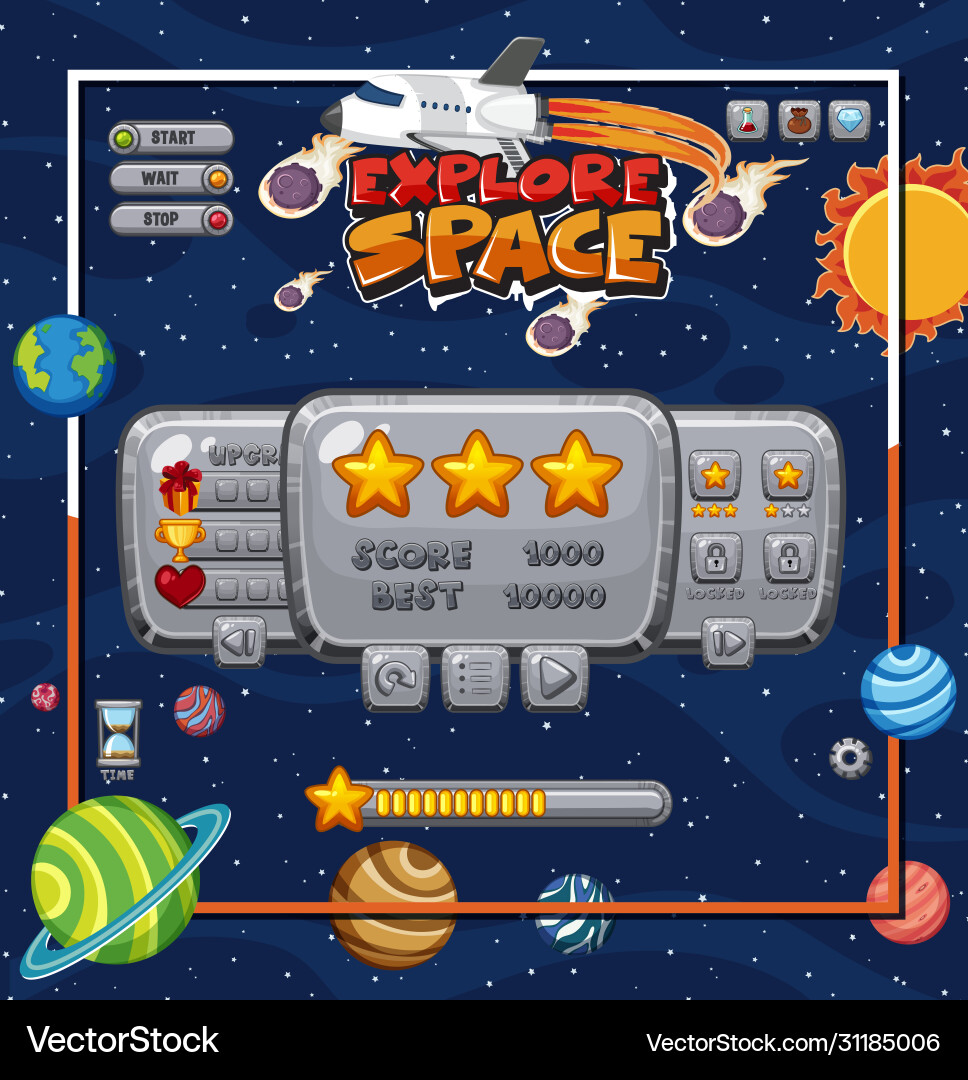 Game template with many planets in space Game template with many planets in space vector image