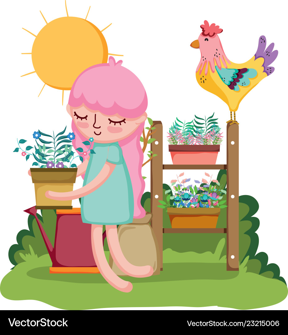 Mädchen heben Hauspflanze mit Hahn im Garten Mädchen heben Hauspflanze mit Hahn im Garten vektorbild