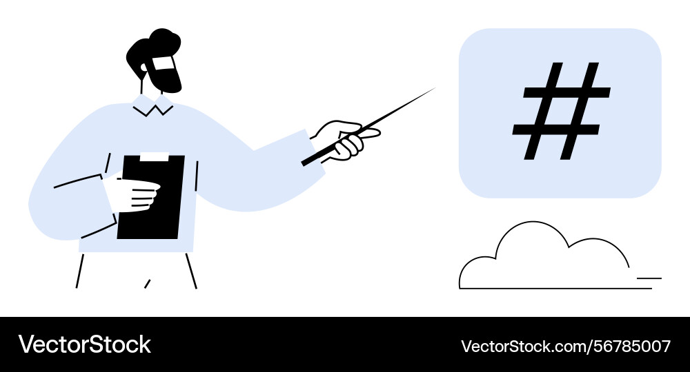 Man presenting metadata tag symbol with clipboard Man presenting metadata tag symbol with clipboard Vector Image