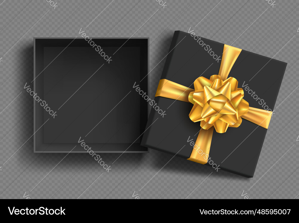 Offene schwarze Geschenkbox mit goldenem Bogen und Band Offene schwarze Geschenkbox mit goldenem Bogen und Band Vektorbild