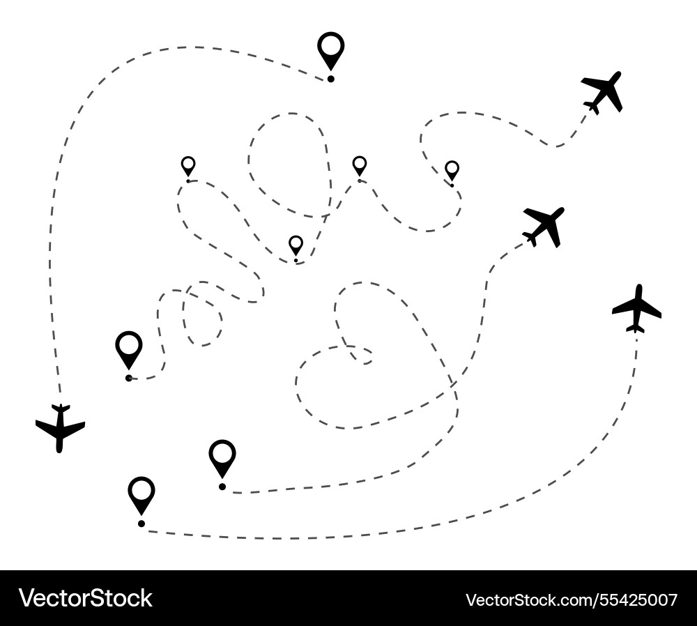 Set of plane flight path dashed line airplane Vector Image
