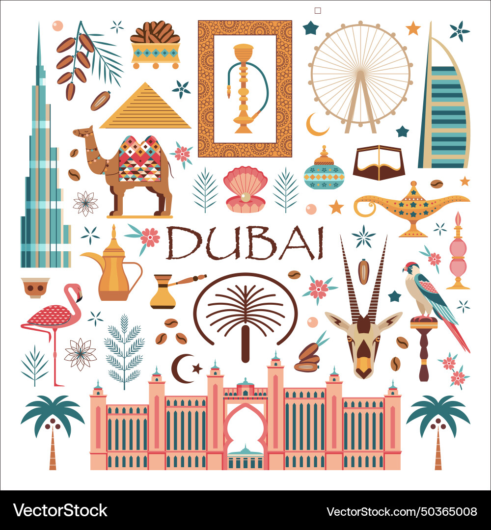 Dubai travel poster with uae landmarks and symbols Dubai travel poster with uae landmarks and symbols vector image