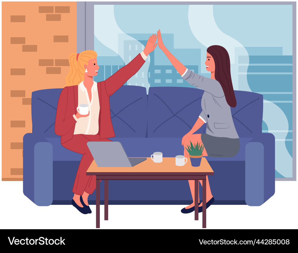 Girls sitting and talking high five happy Girls sitting and talking high five happy Vector Image