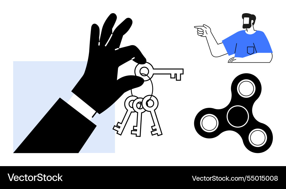 Hand holding keys man pointing and fidget Hand holding keys man pointing and fidget vector image
