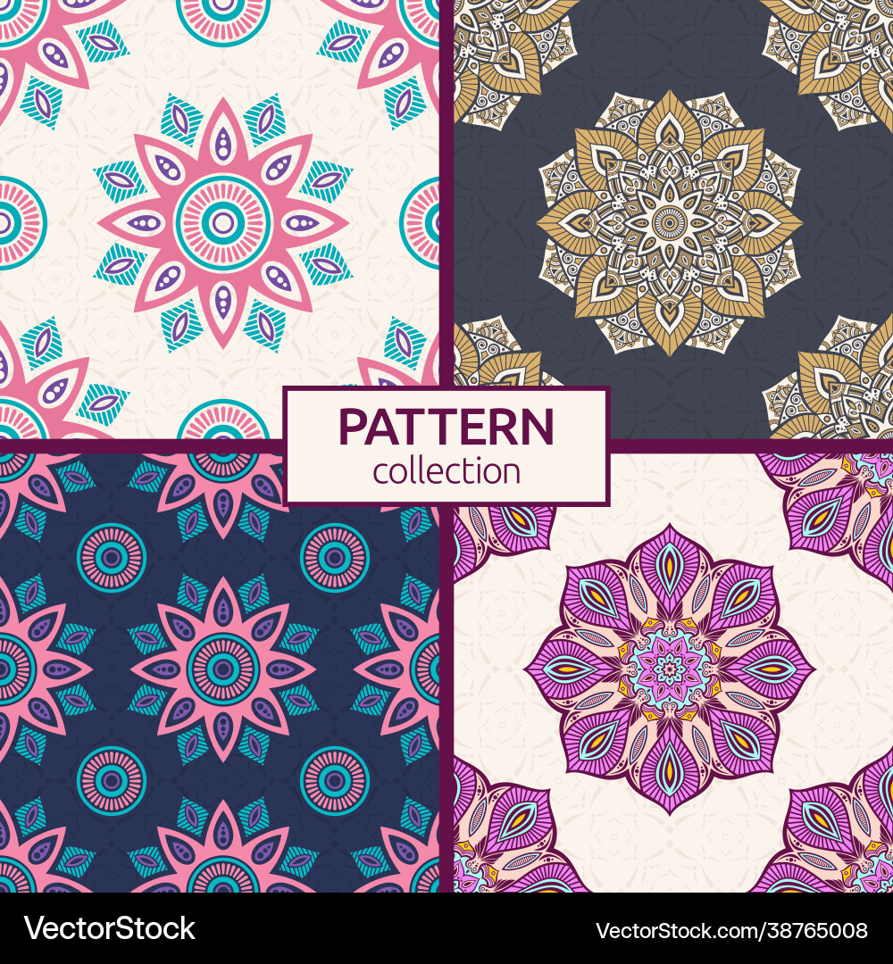 Set four seamless color patterns with mandala Set four seamless color patterns with mandala Vector Image