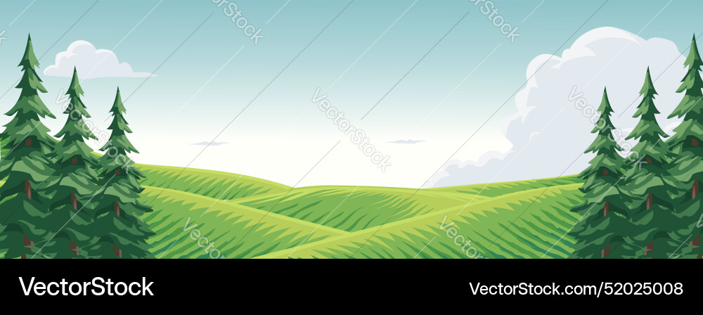 View of farm fields with pine trees and clear sky View of farm fields with pine trees and clear sky Vector Image