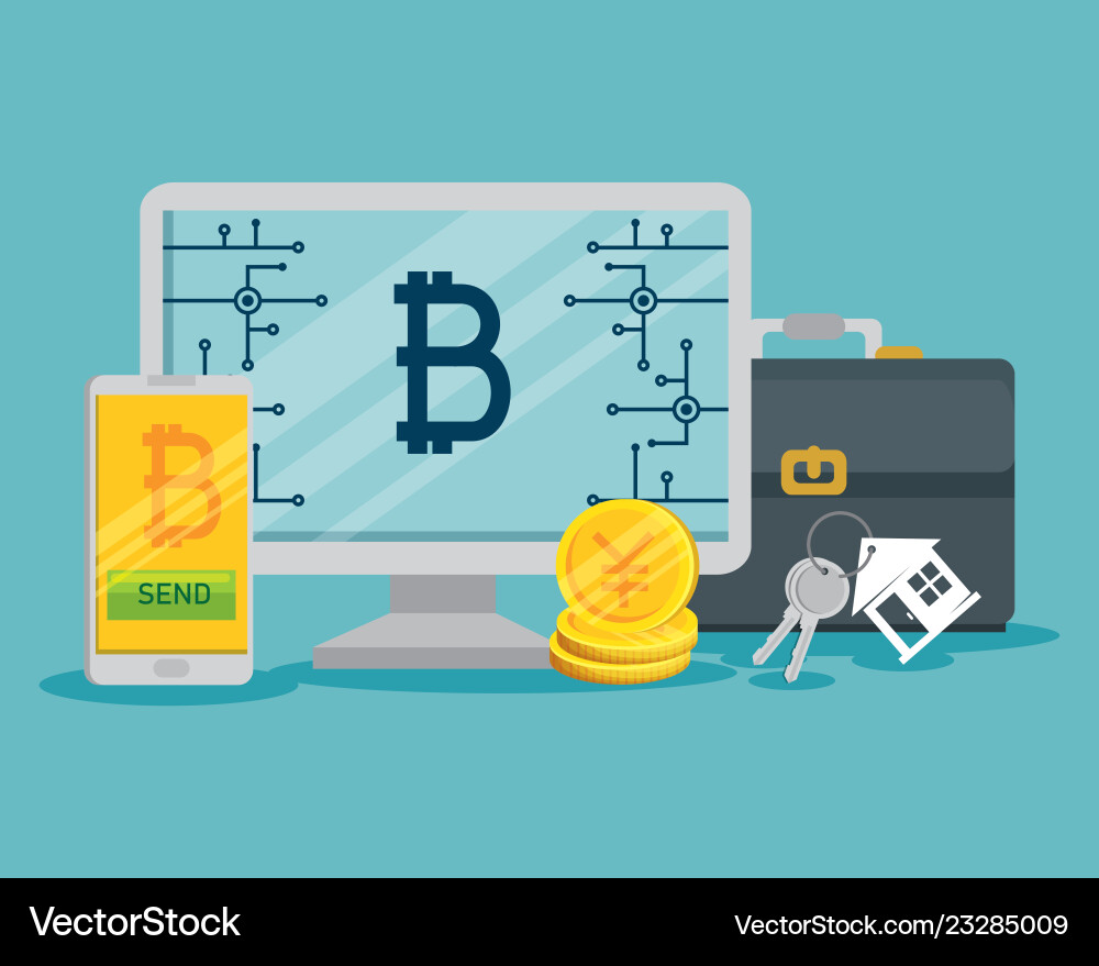 Bitcoin virtual currency in the computer Bitcoin virtual currency in the computer vector image