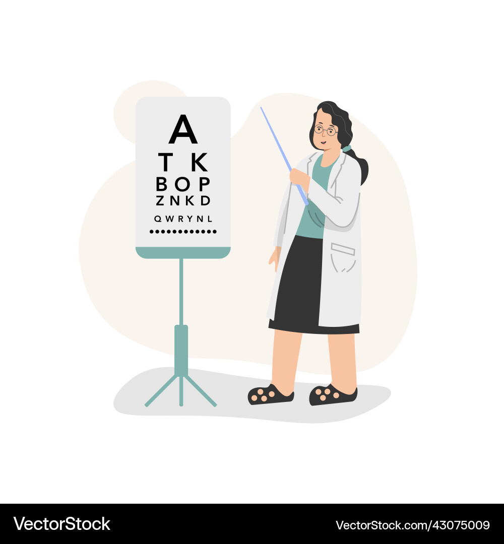 Optometrist stands with a pointer and points Optometrist stands with a pointer and points Vector Image