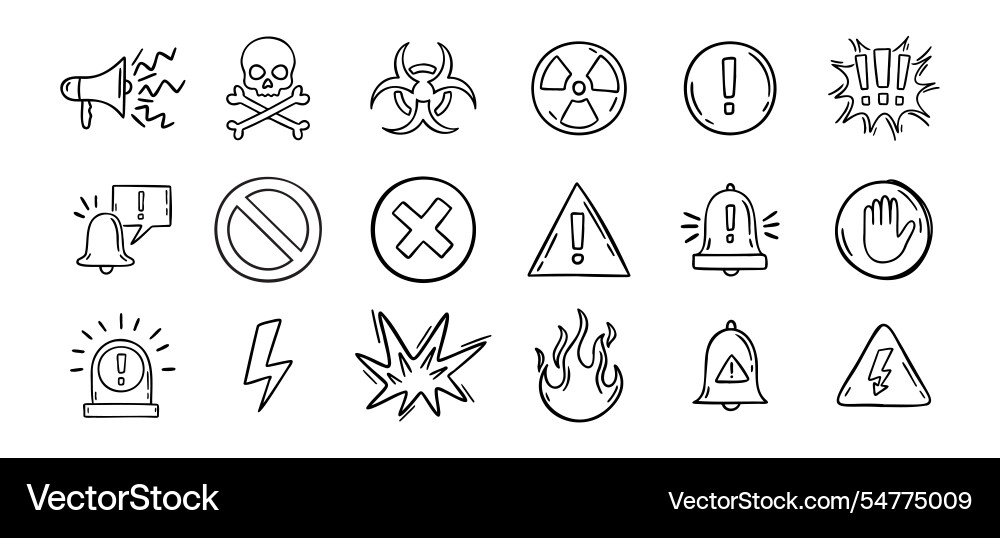 Warning doodle hand drawn icons set danger Vector Image