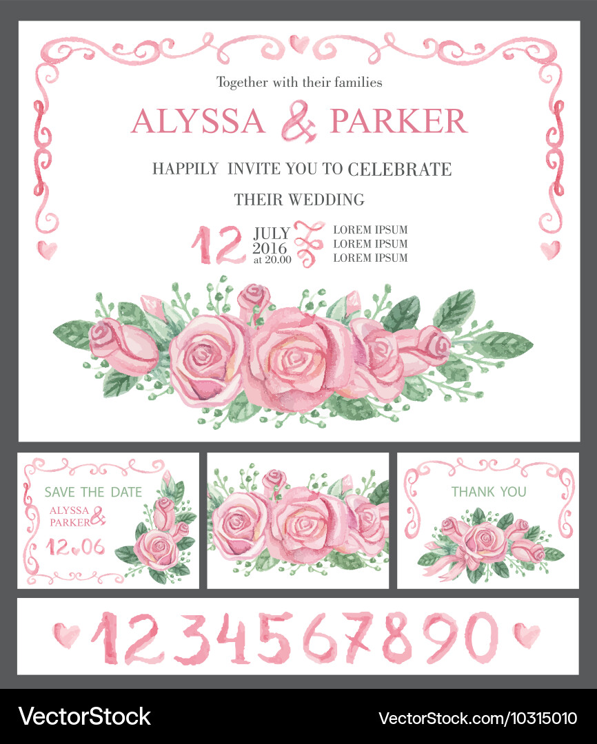 Watercolor Pink Rose Wedding Invitation Set Vector Image