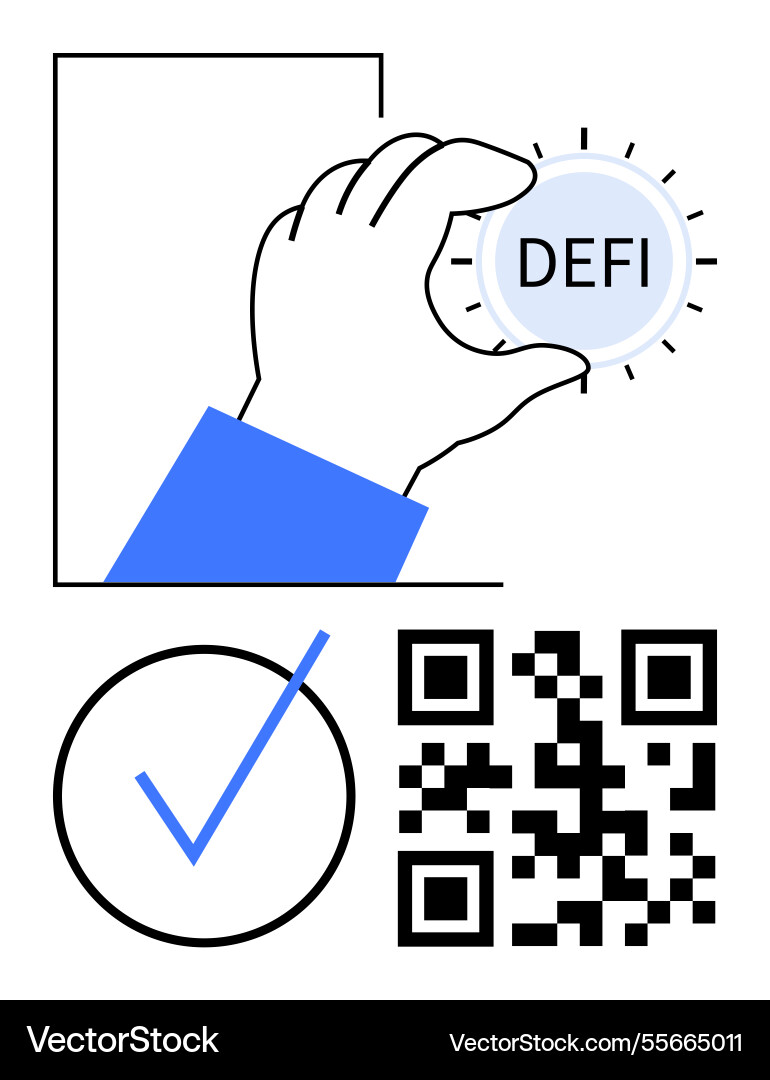 Hand holding defi token with qr code and checkmark Hand holding defi token with qr code and checkmark vector image