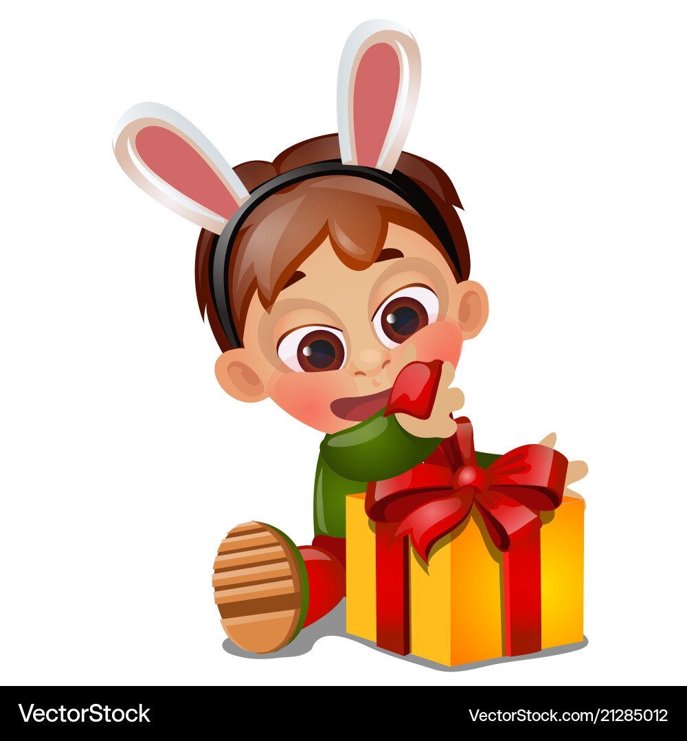 A little happy animated boy unwraps gift A little happy animated boy unwraps gift vector image