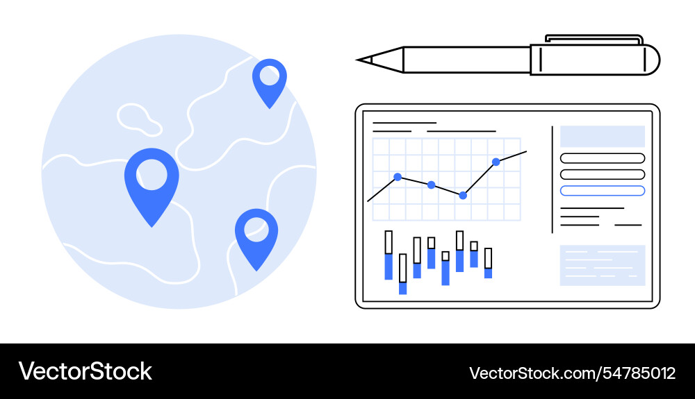 Blue map markers and analytic graphs display Blue map markers and analytic graphs display vector image