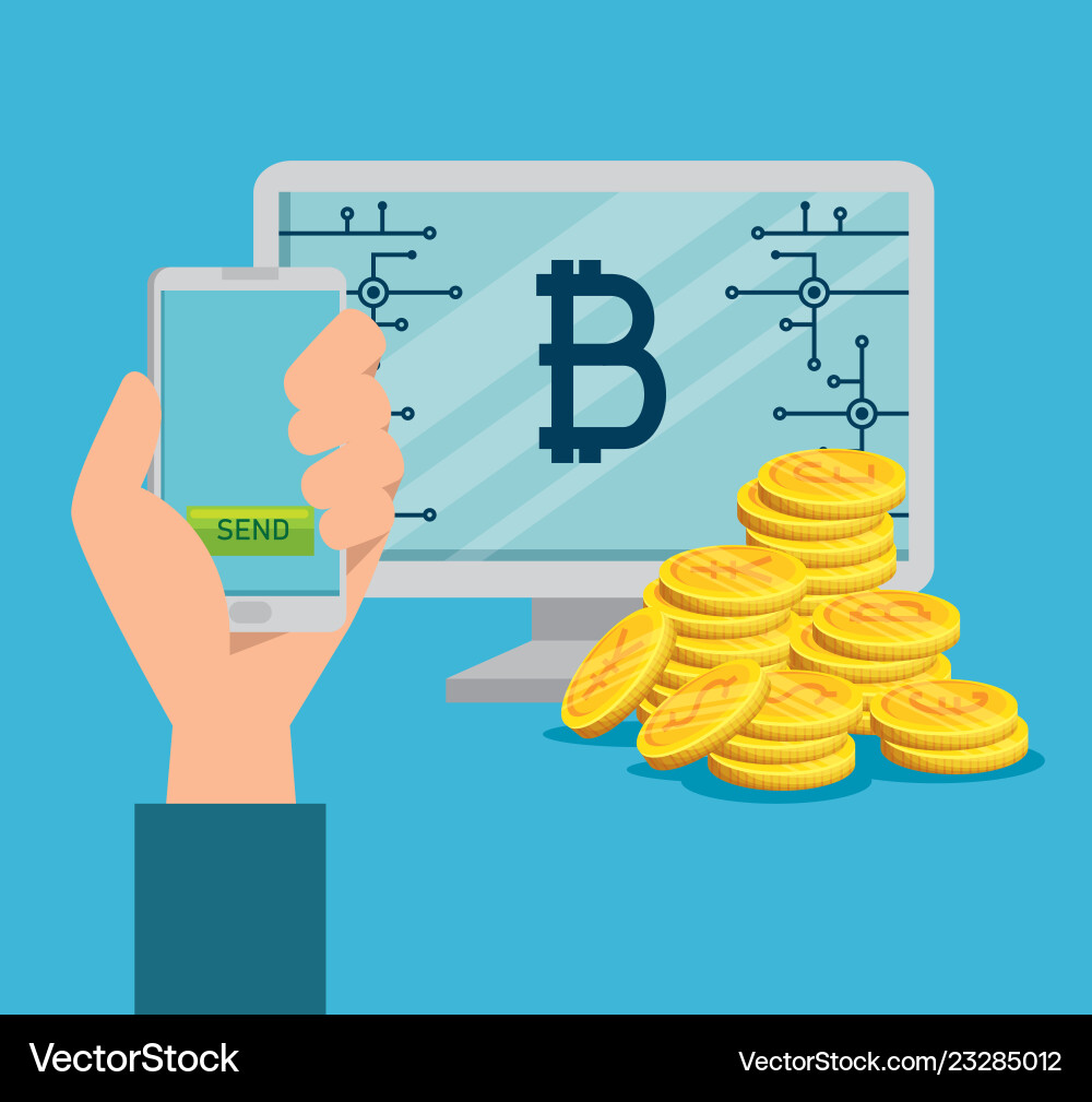 Computer and smartphone with bitcoin virtual Computer and smartphone with bitcoin virtual Vector Image