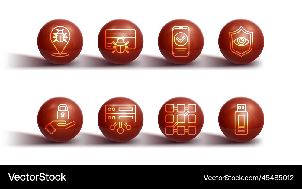 Set line system bug lock in hand shield eye Set line system bug lock in hand shield eye vector image