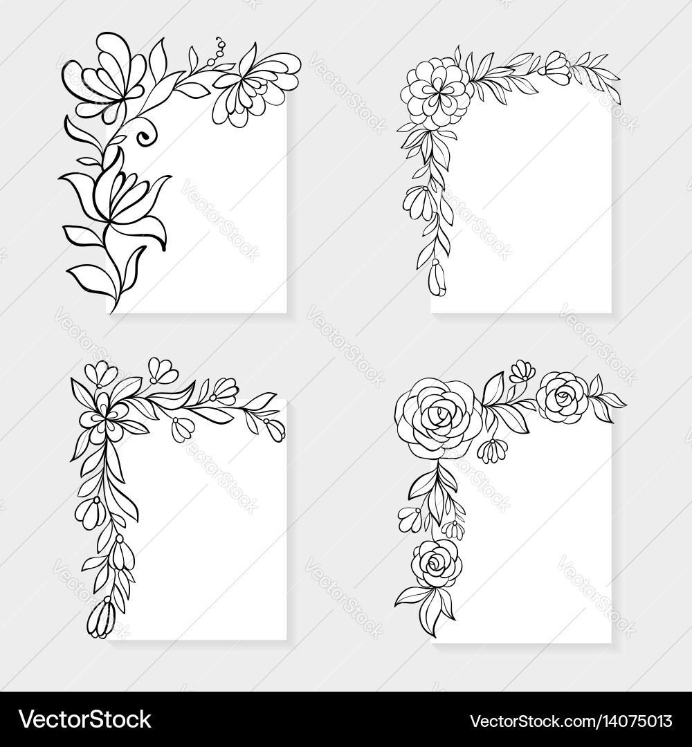 Black and White Floral Corner Borders Vector Image