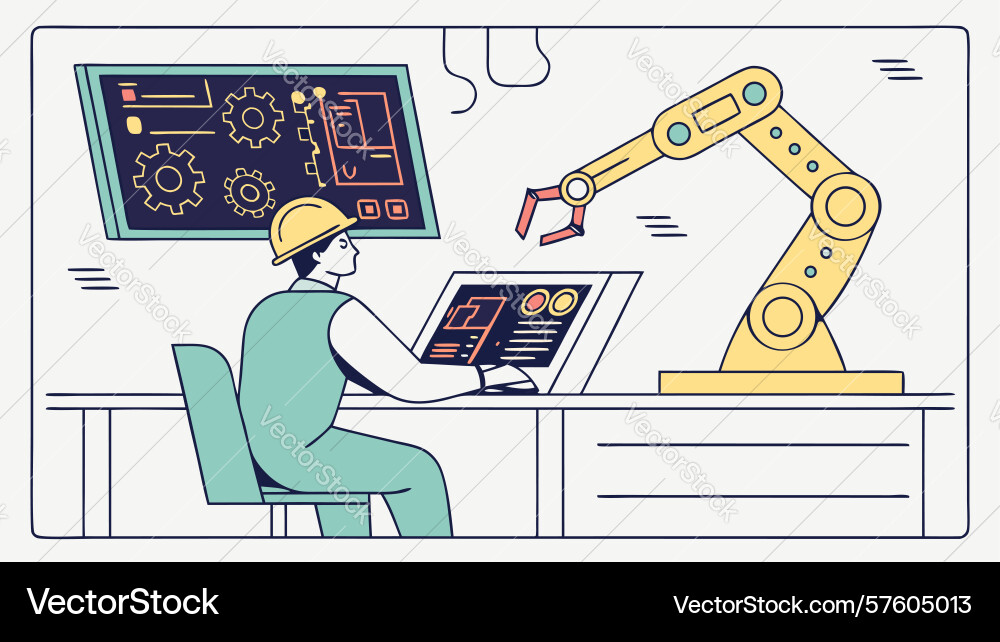 Engineer operating robotic arm system design vector image