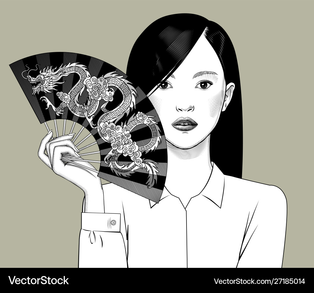 Chinese girl holding a fan with dragon in her Chinese girl holding a fan with dragon in her vector image