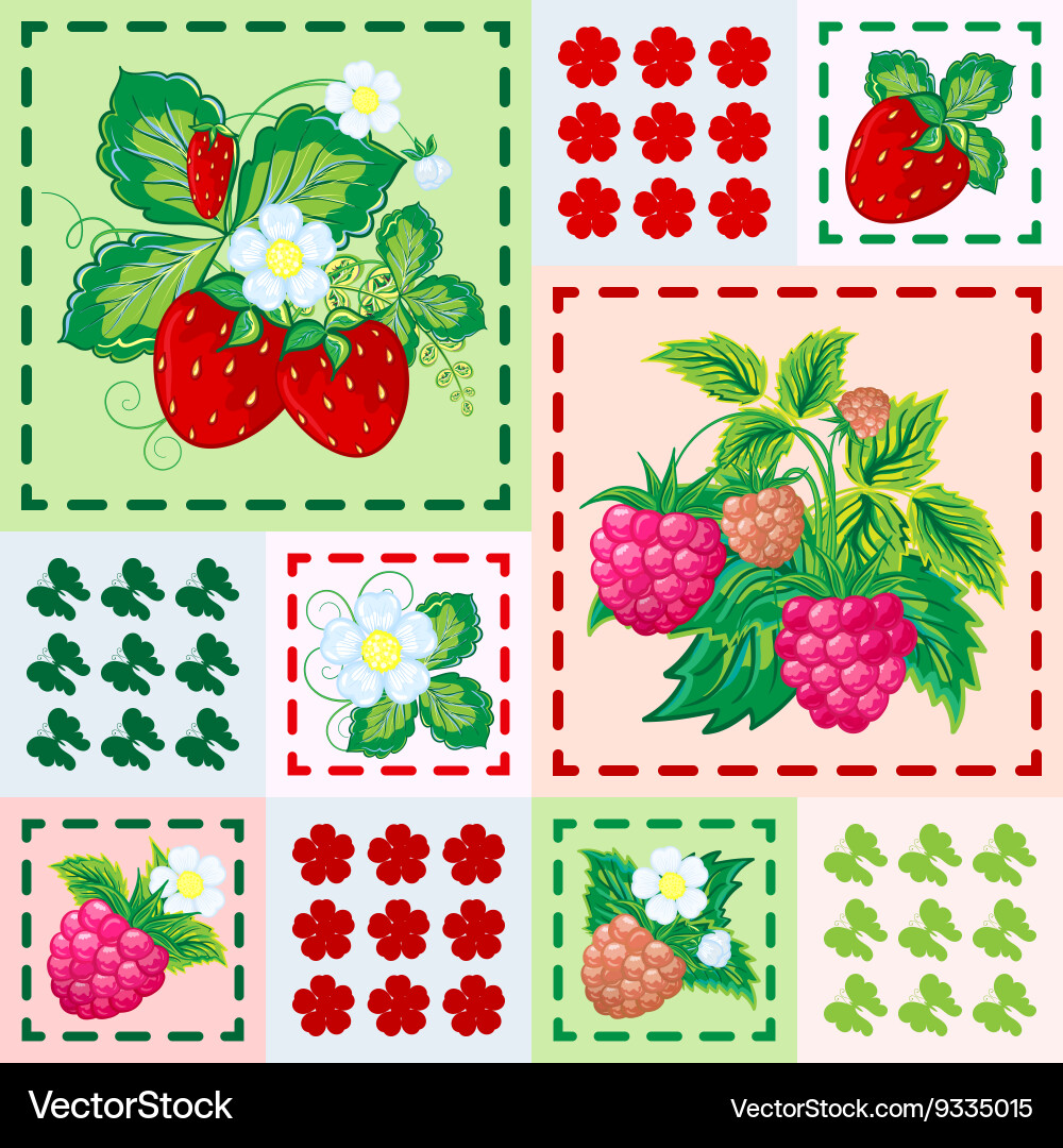 Patchwork background with strawberries vector image