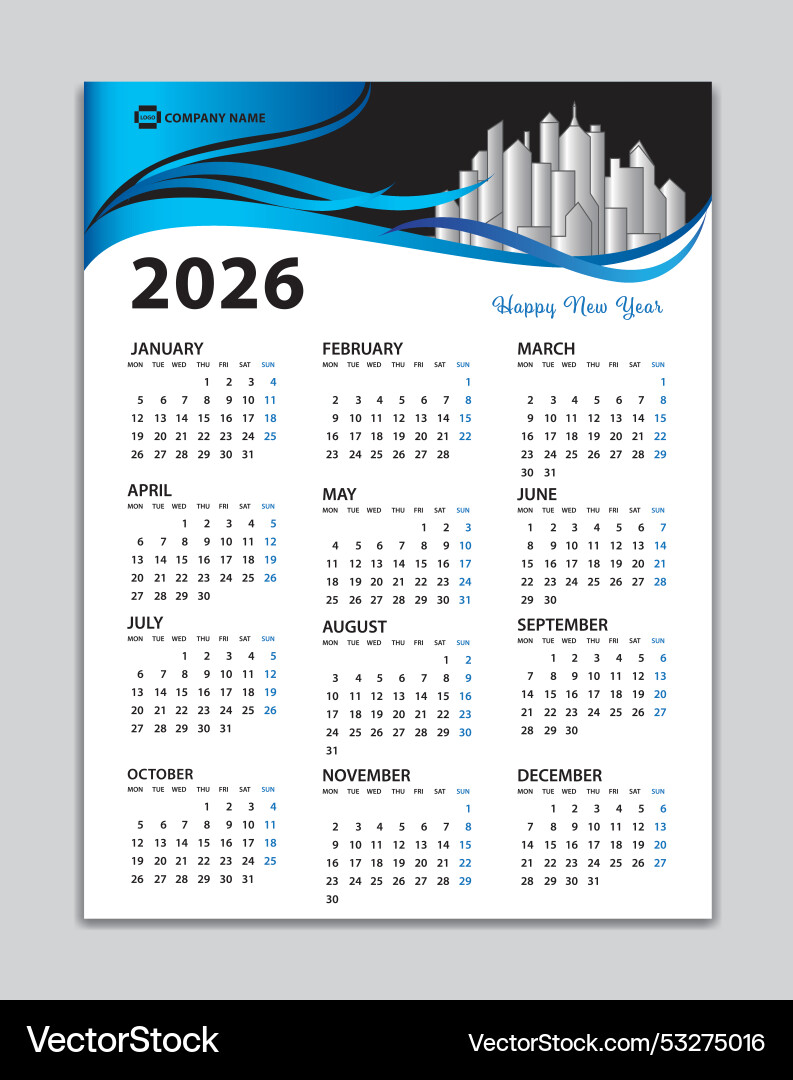 Calendar 2026 template wall Royalty Free Vector Image