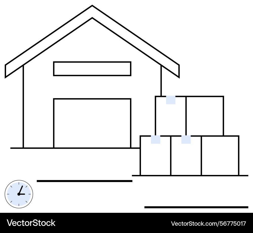 Warehouse with stacked boxes and clock indicating Warehouse with stacked boxes and clock indicating Vector Image