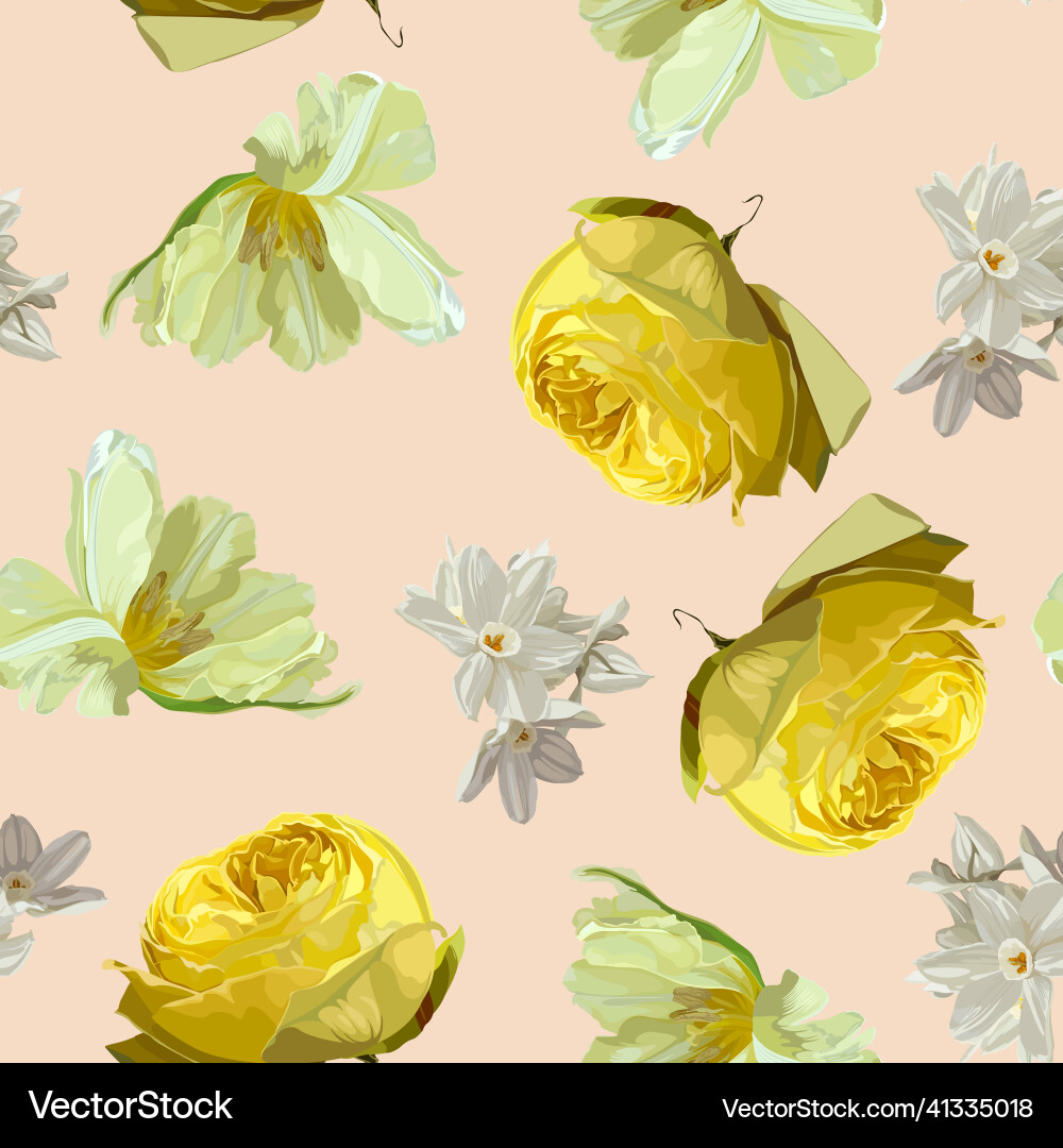 Flowers of spring daffodils roses and tulips patt vector image