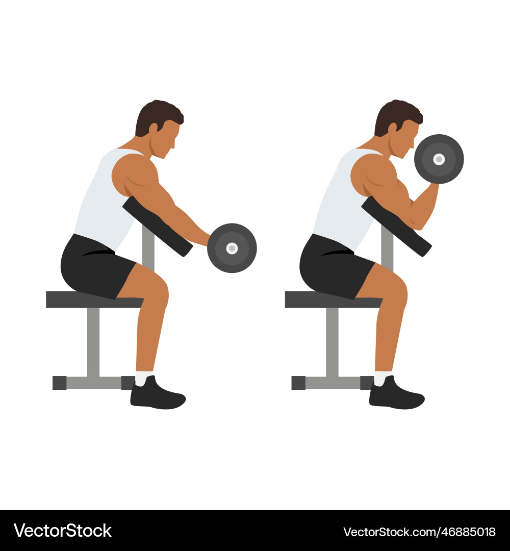 Man doing one arm dumbbell preacher curl side view Man doing one arm dumbbell preacher curl side view vector image