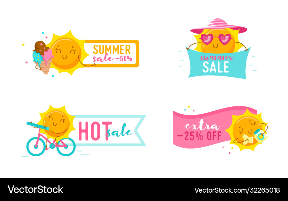 Set summer sale banners with cute cartoon sun Set summer sale banners with cute cartoon sun vector image