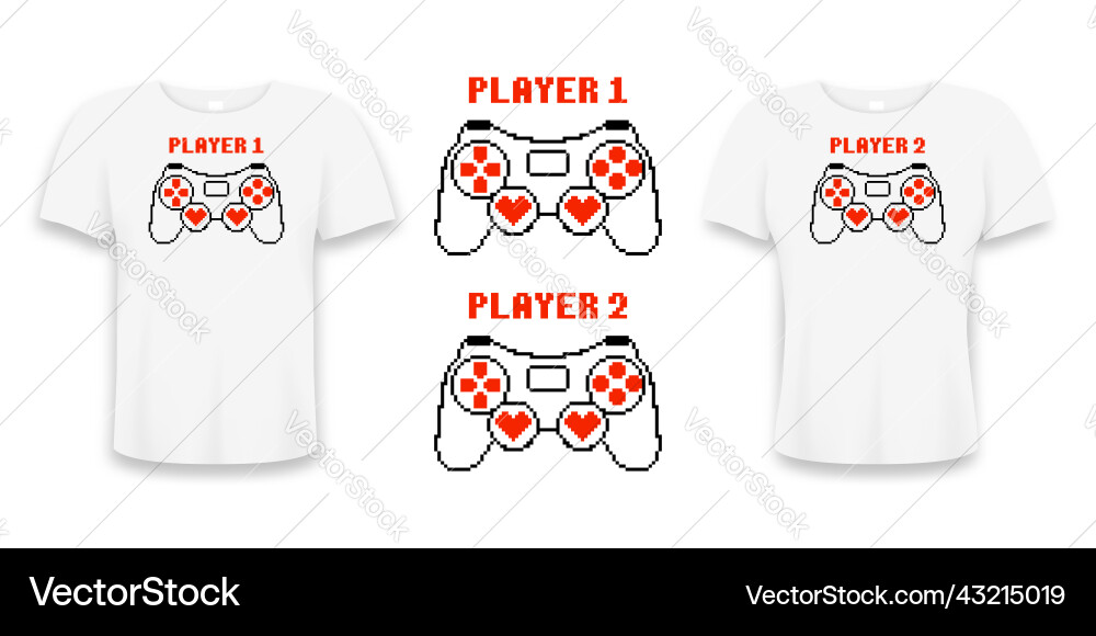 Paar T-Shirt Design mit Gamepad Pixel Art Stil Paar T-Shirt Design mit Gamepad Pixel Art Stil vektorbild
