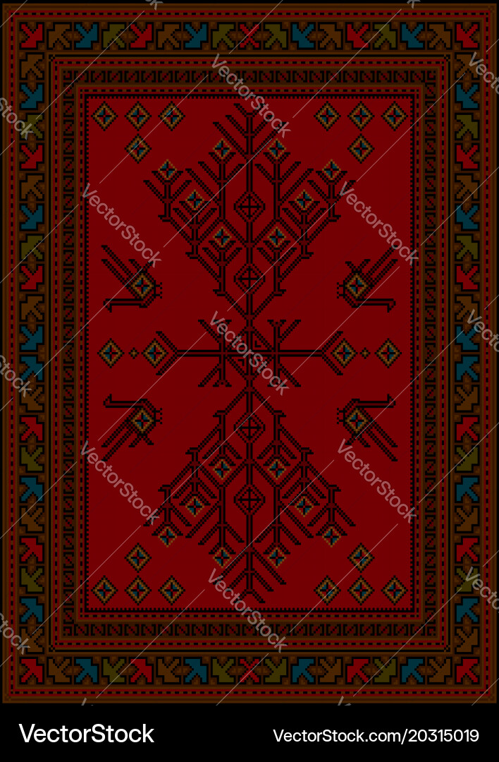 Red carpet with ethnic pattern tree and birds Vector Image